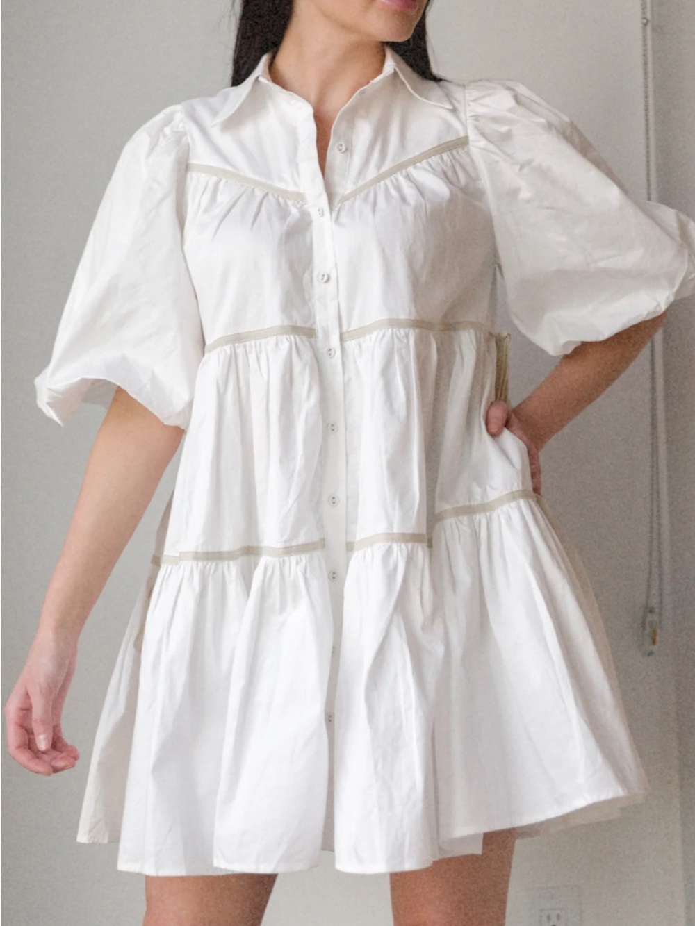 Classic White Puff-Sleeve Midi Shirt Dress